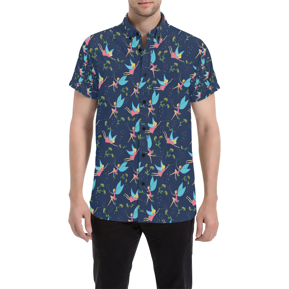 Fairy with flower Print Pattern Men's Short Sleeve Button Up Shirt