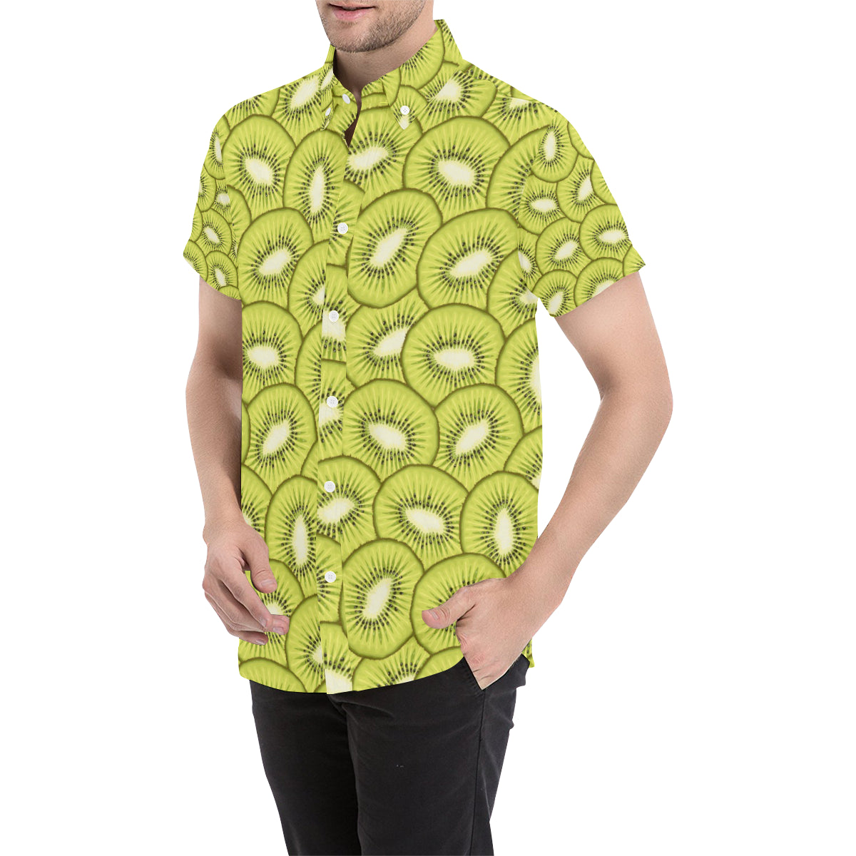 Kiwi Pattern Print Design KW07 Men's Short Sleeve Button Up Shirt
