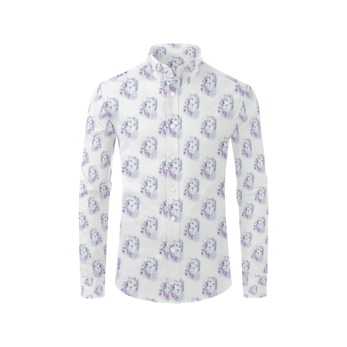 Wolf with Flower Print Design Men's Long Sleeve Shirt