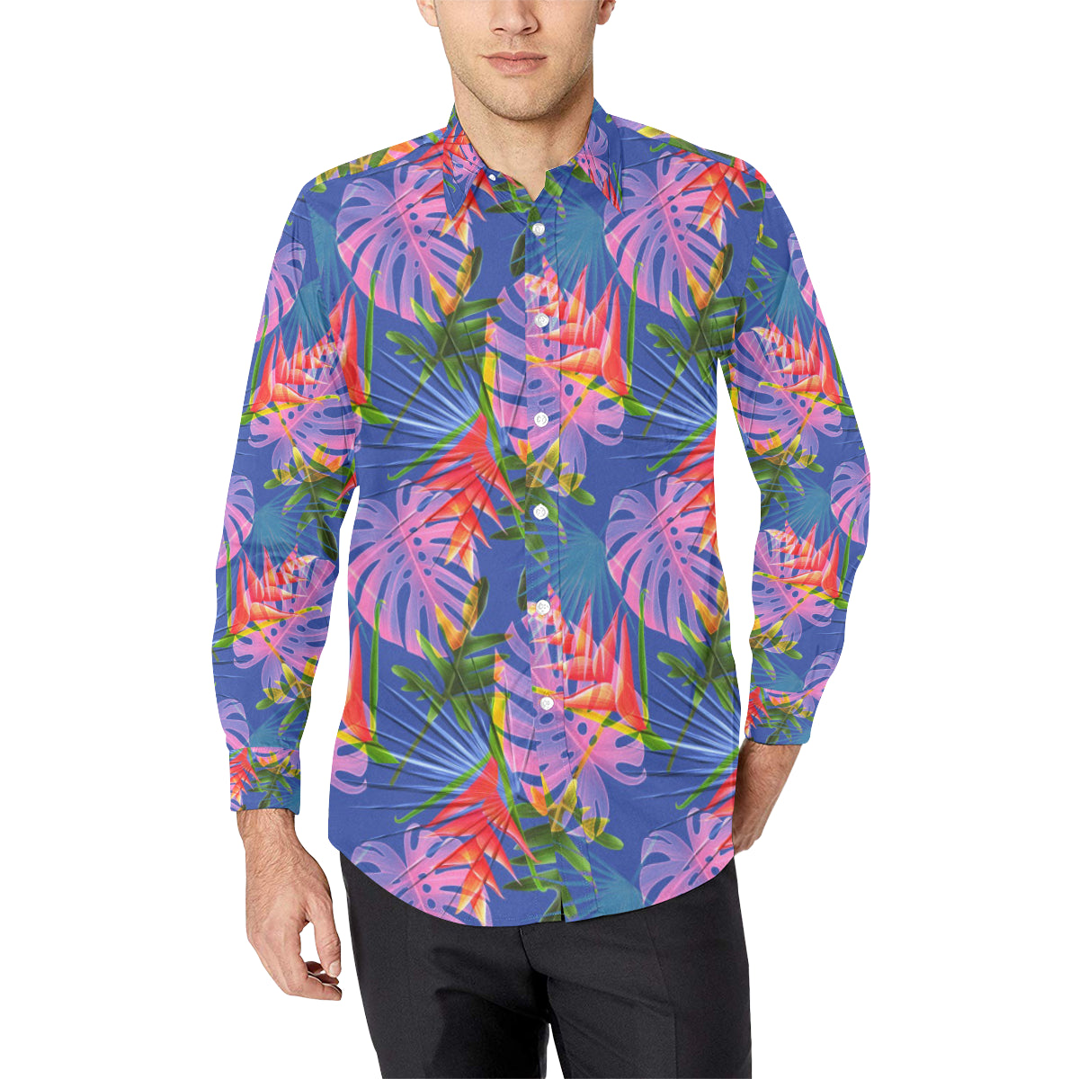 Tropical Flower Pattern Print Design TF025 Men's Long Sleeve Shirt