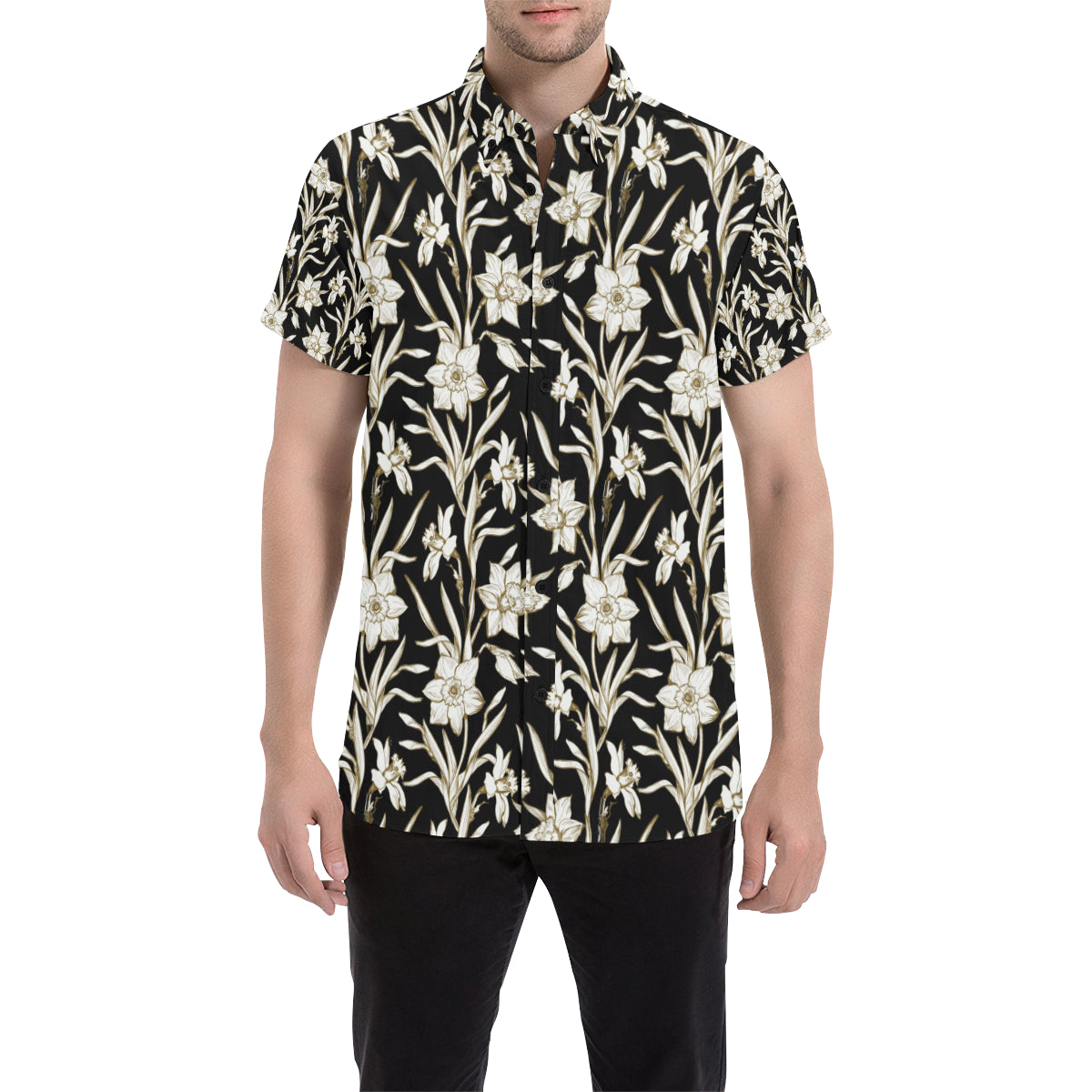 Daffodils Pattern Print Design DF06 Men's Short Sleeve Button Up Shirt