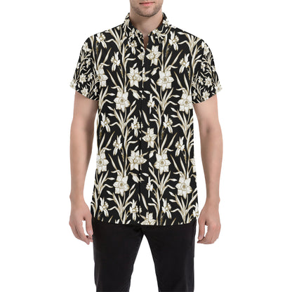 Daffodils Pattern Print Design DF06 Men's Short Sleeve Button Up Shirt