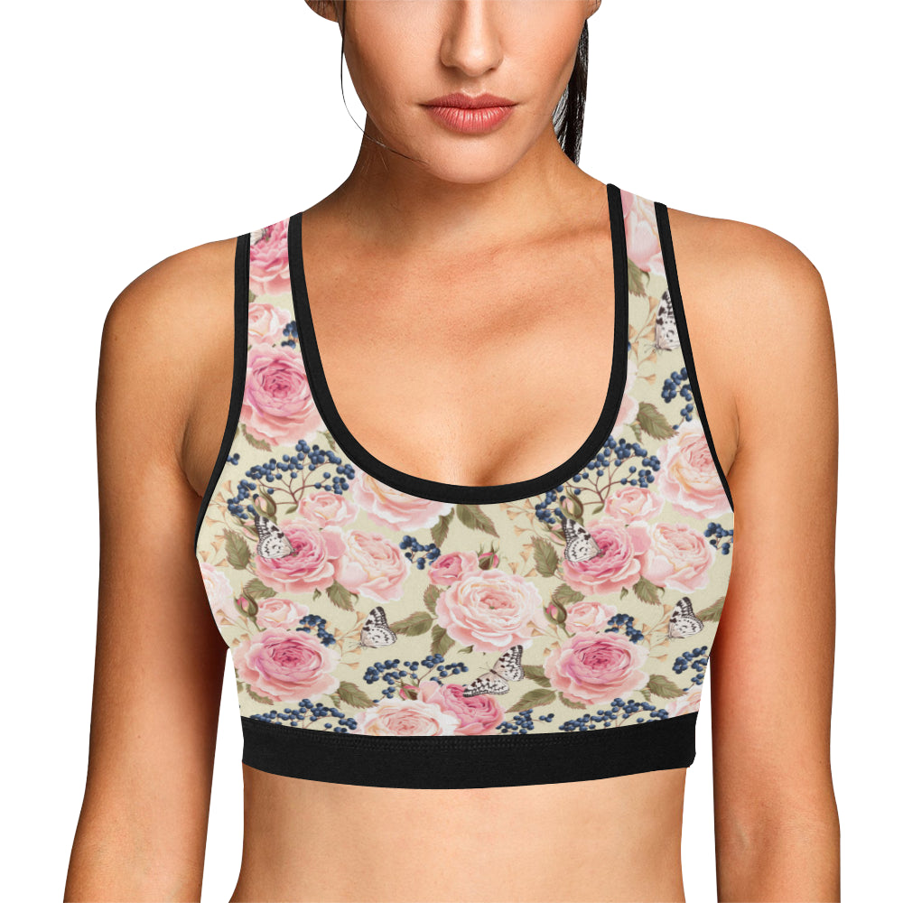 Floral Pink Butterfly Print Sports Bra