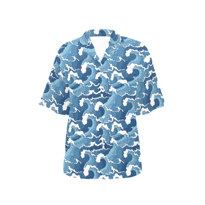 Wave Themed Pattern Print Women's Hawaiian Shirt