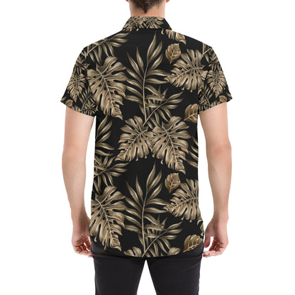Brown Tropical Palm Leaves Men's Short Sleeve Button Up Shirt
