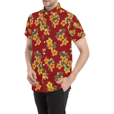 Orange Hibiscus Pattern Print Design HB026 Men's Short Sleeve Button Up Shirt