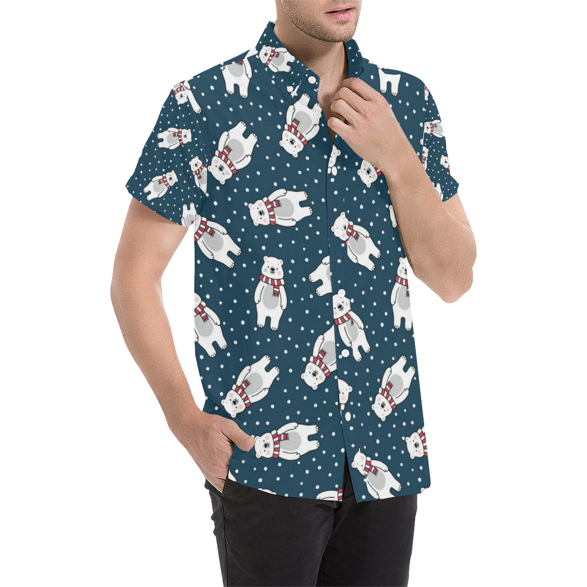Polar Bear Pattern Print Design PB05 Men's Short Sleeve Button Up Shirt