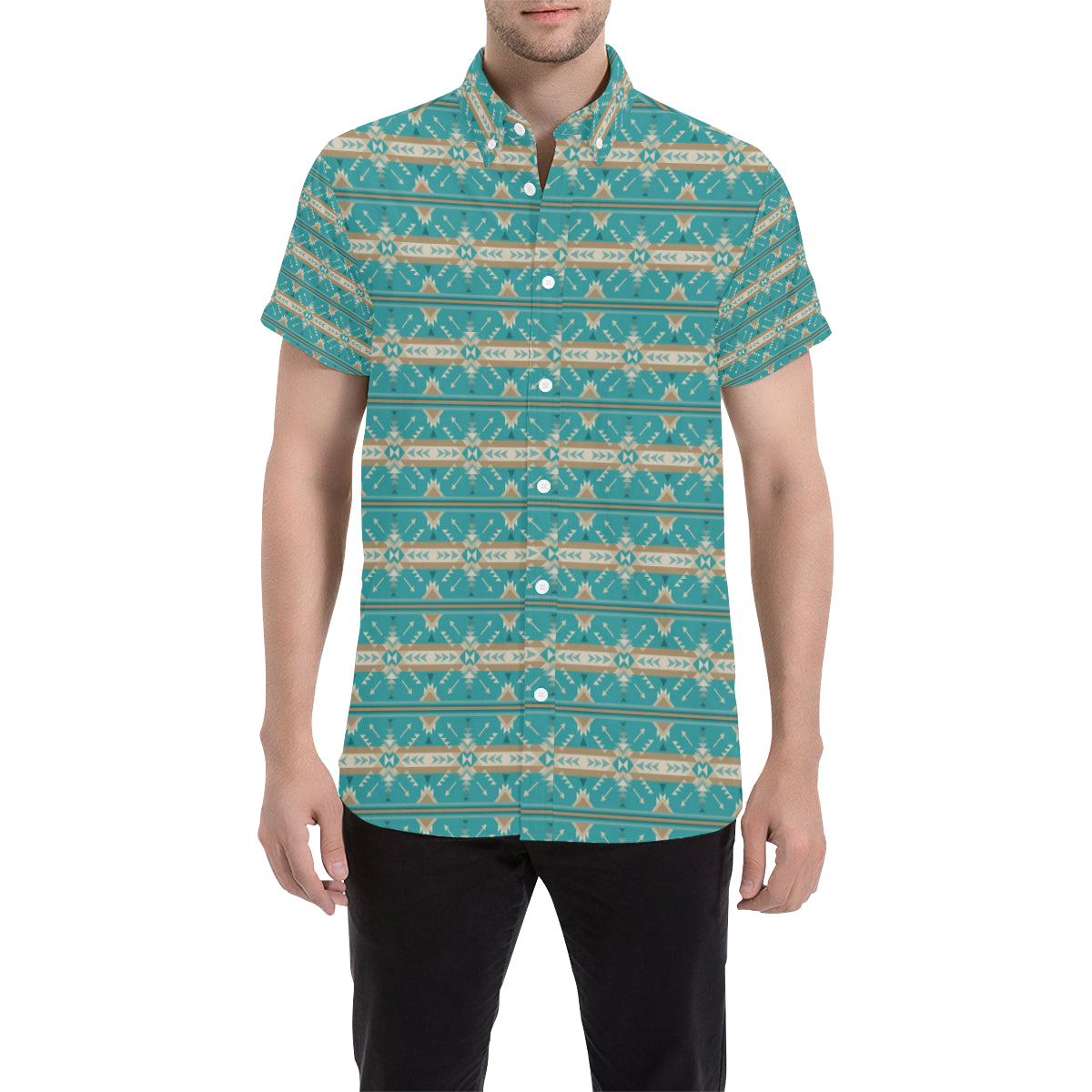 Southwest Native Design Themed Print Men's Short Sleeve Button Up Shirt