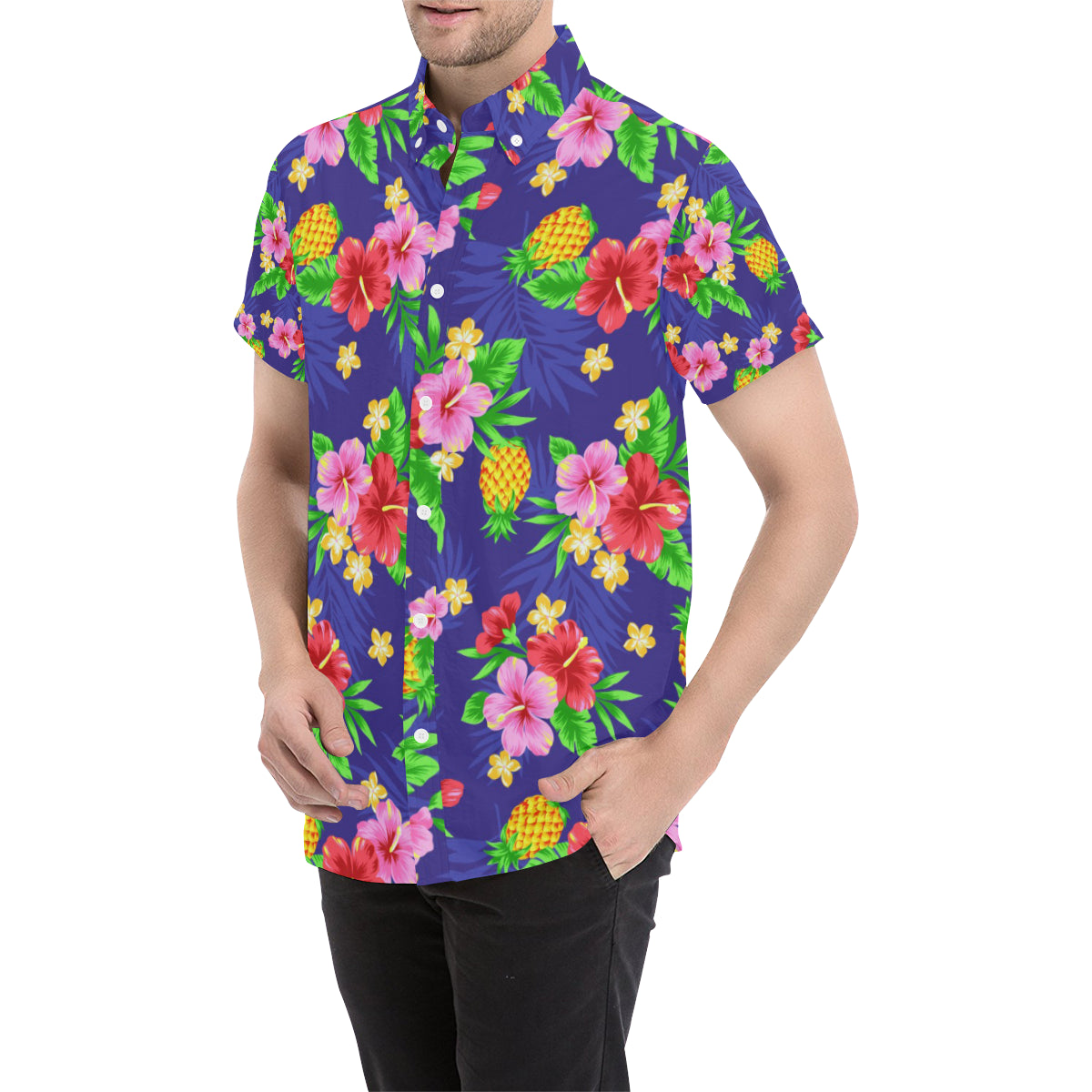 Hawaiian Themed Pattern Print Design H05 Men's Short Sleeve Button Up Shirt