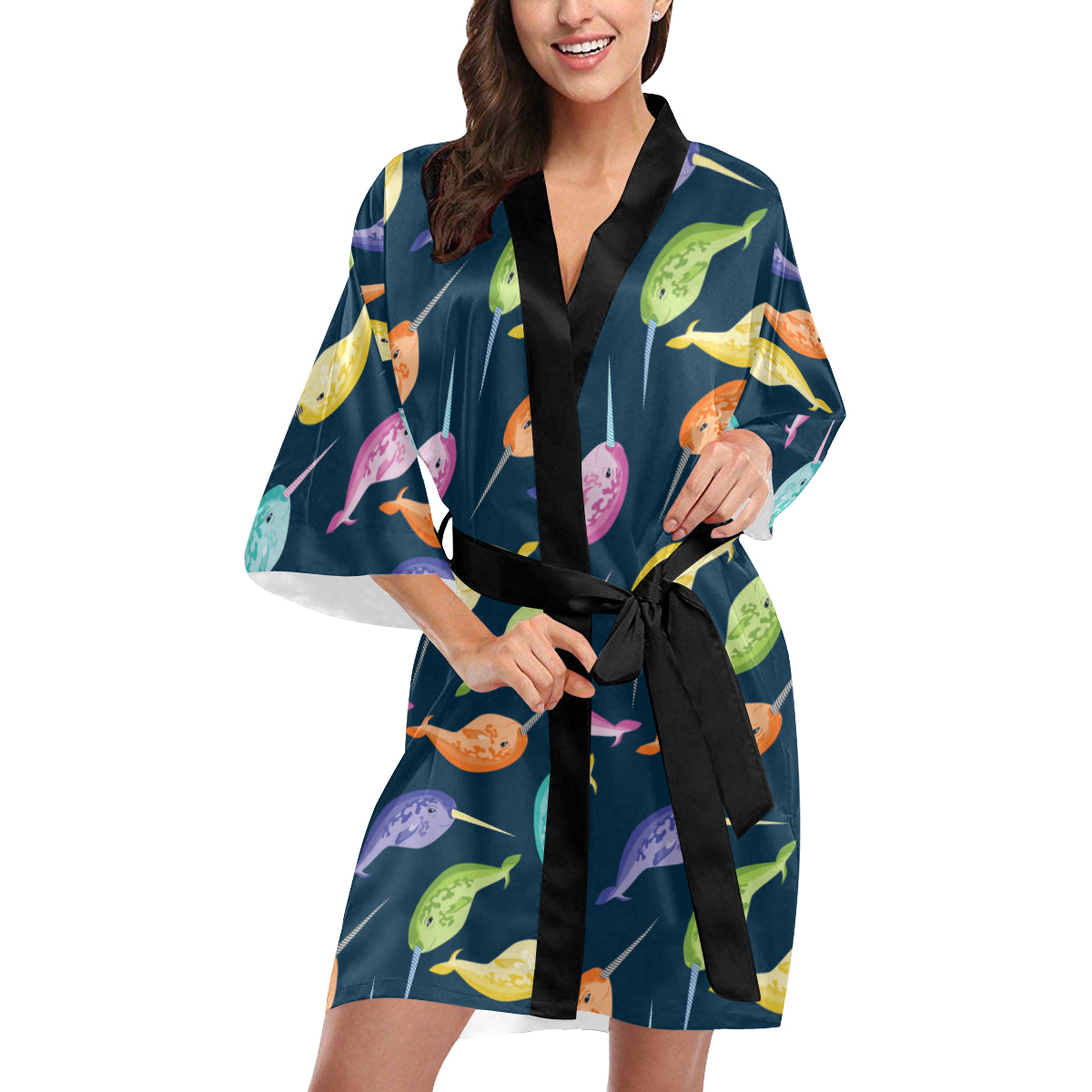 Narwhal Colorful Pattern Print Design 03 Women's Short Kimono
