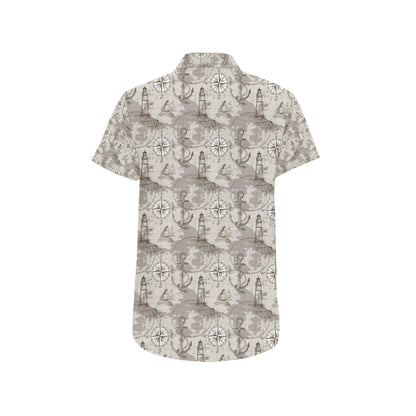Nautical Map Design Themed Print Men's Short Sleeve Button Up Shirt