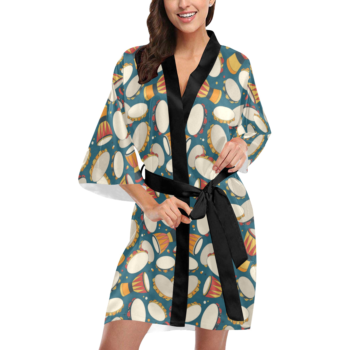 Tambourine Pattern Print Design 01 Women's Short Kimono