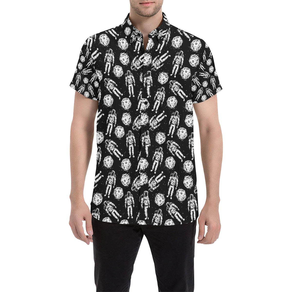 Astronaut Pattern Print Design 03 Men's Short Sleeve Button Up Shirt