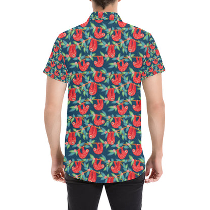 Sloth Red Design Themed Print Men's Short Sleeve Button Up Shirt