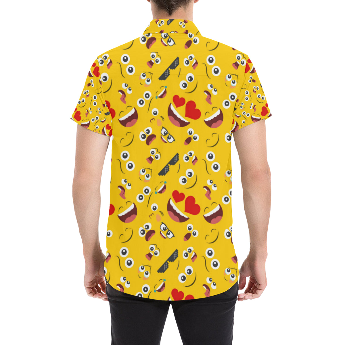 Emoji Face Print Pattern Men's Short Sleeve Button Up Shirt