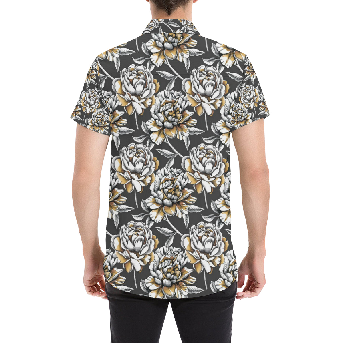 Peony Pattern Print Design PE06 Men's Short Sleeve Button Up Shirt