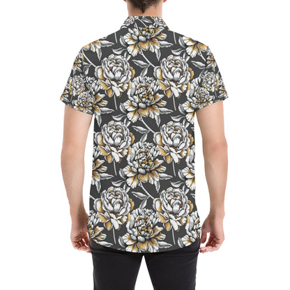 Peony Pattern Print Design PE06 Men's Short Sleeve Button Up Shirt