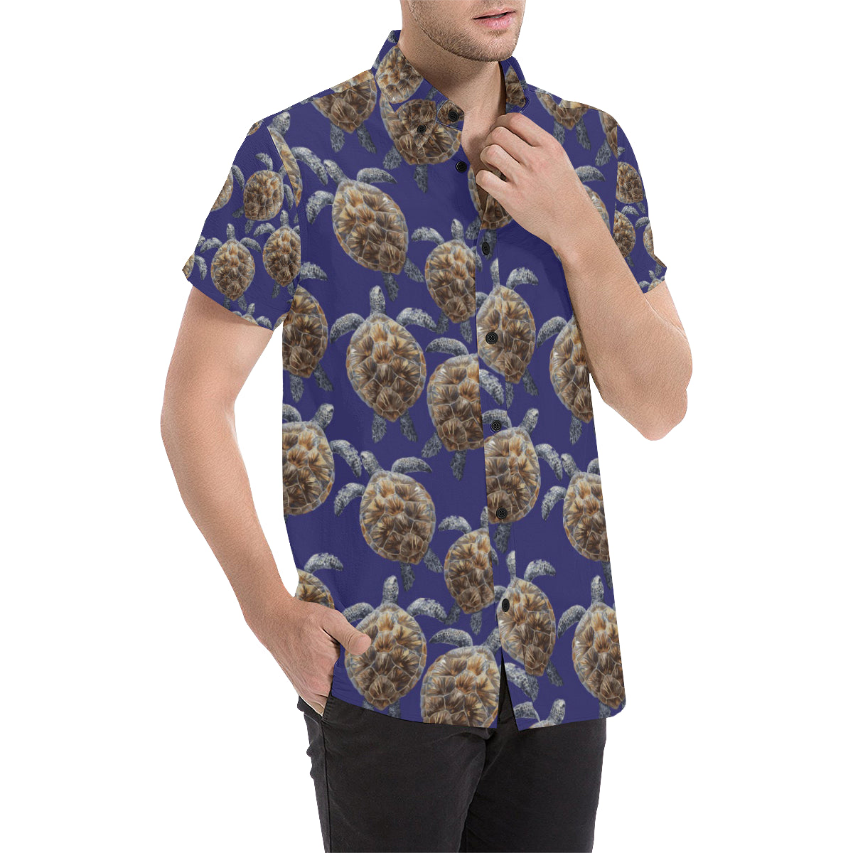 Sea Turtle Pattern Print Design T05 Men's Short Sleeve Button Up Shirt