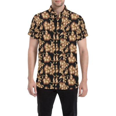 Brown Hibiscus Pattern Print Design HB06 Men's Short Sleeve Button Up Shirt