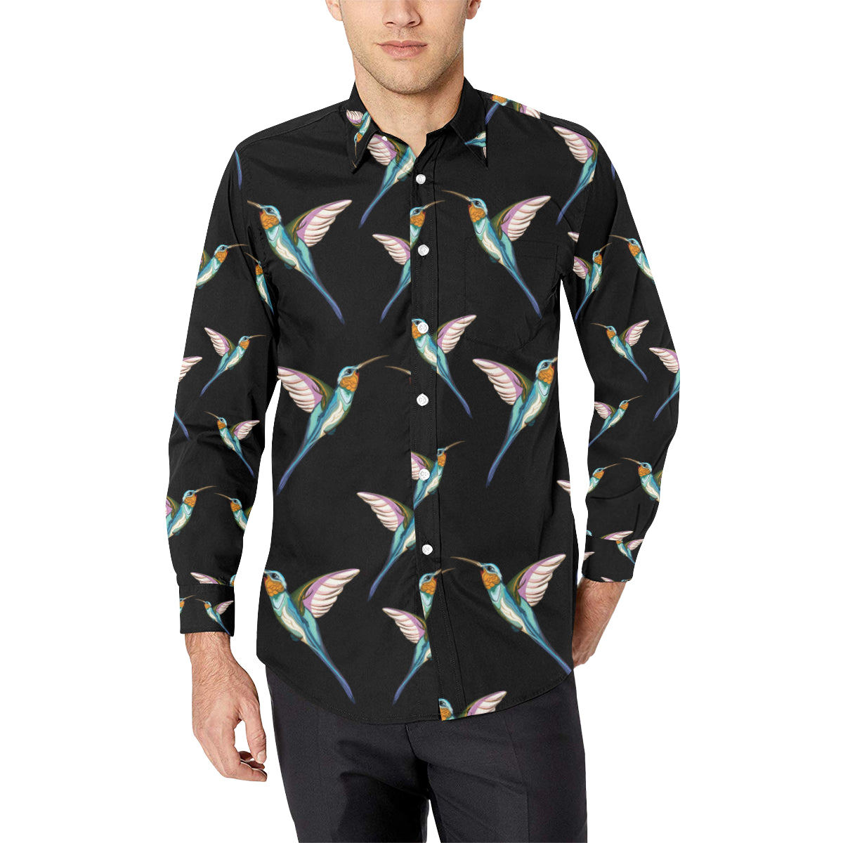 Hummingbird Pattern Print Design 06 Men's Long Sleeve Shirt