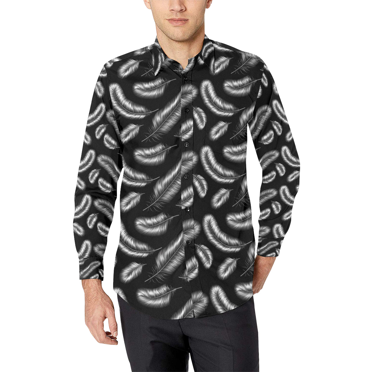 Feather Black White Design Print Men's Long Sleeve Shirt