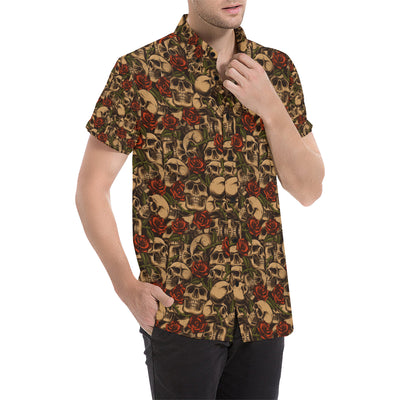 Skull Roses Vintage Design Themed Print Men's Short Sleeve Button Up Shirt