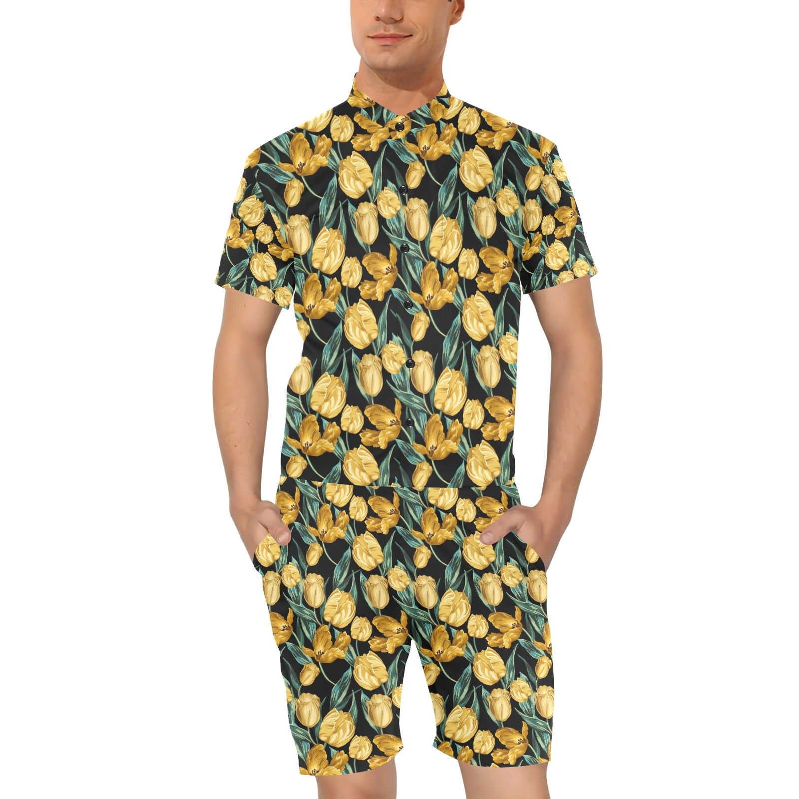 Elegant Yellow Tulip Print Men's Romper