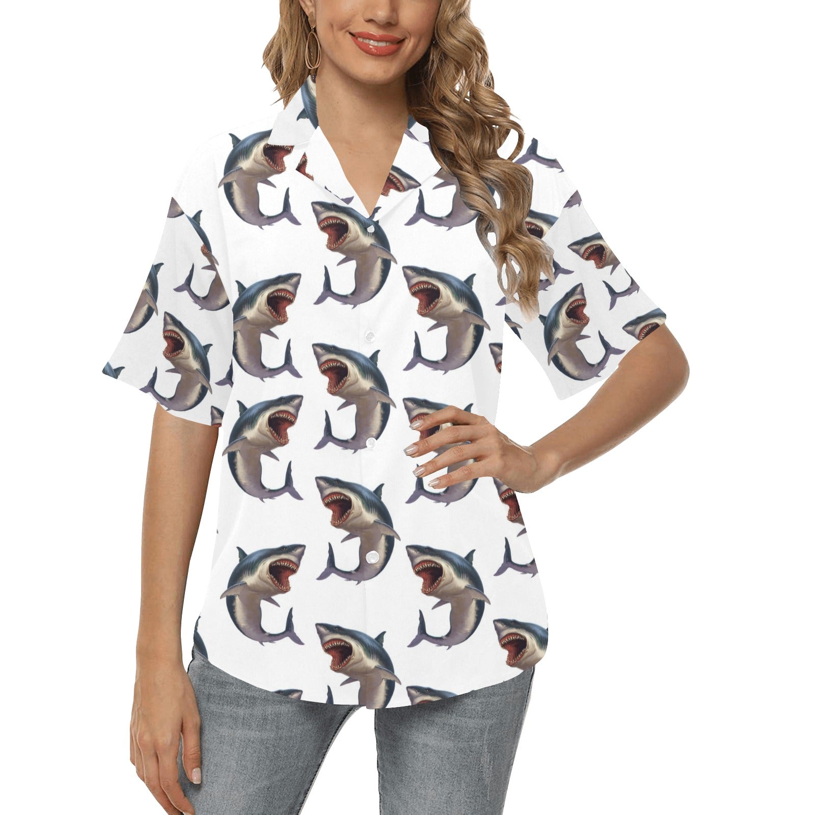 Great White Shark Pattern Print Design 03 Women's Hawaiian Shirt