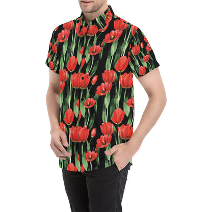 Tulip Red Pattern Print Design TP03 Men's Short Sleeve Button Up Shirt