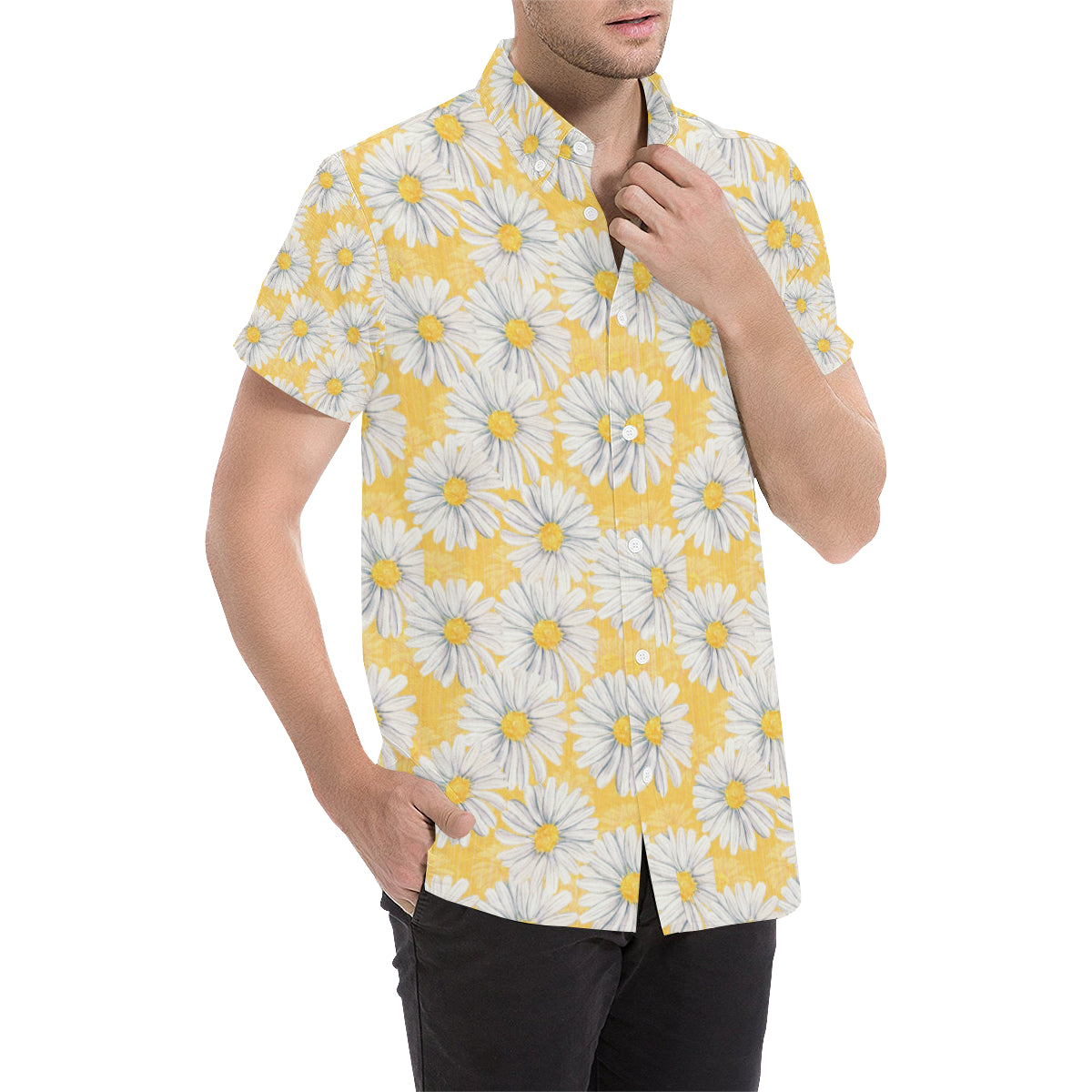 Daisy Yellow Watercolor Print Pattern Men's Short Sleeve Button Up Shirt