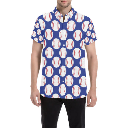 Baseball Blue Background Men's Short Sleeve Button Up Shirt