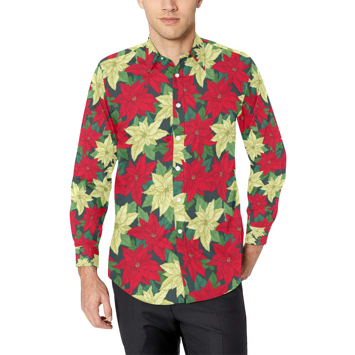 Poinsettia Pattern Print Design POT06 Men's Long Sleeve Shirt