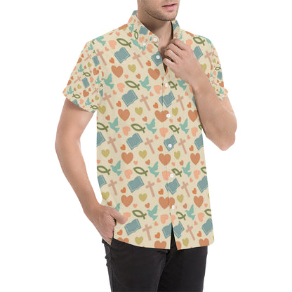 Christian Symbol Pattern Men's Short Sleeve Button Up Shirt