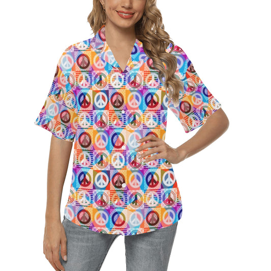 Peace Sign Patchwork Design Print Women's Hawaiian Shirt