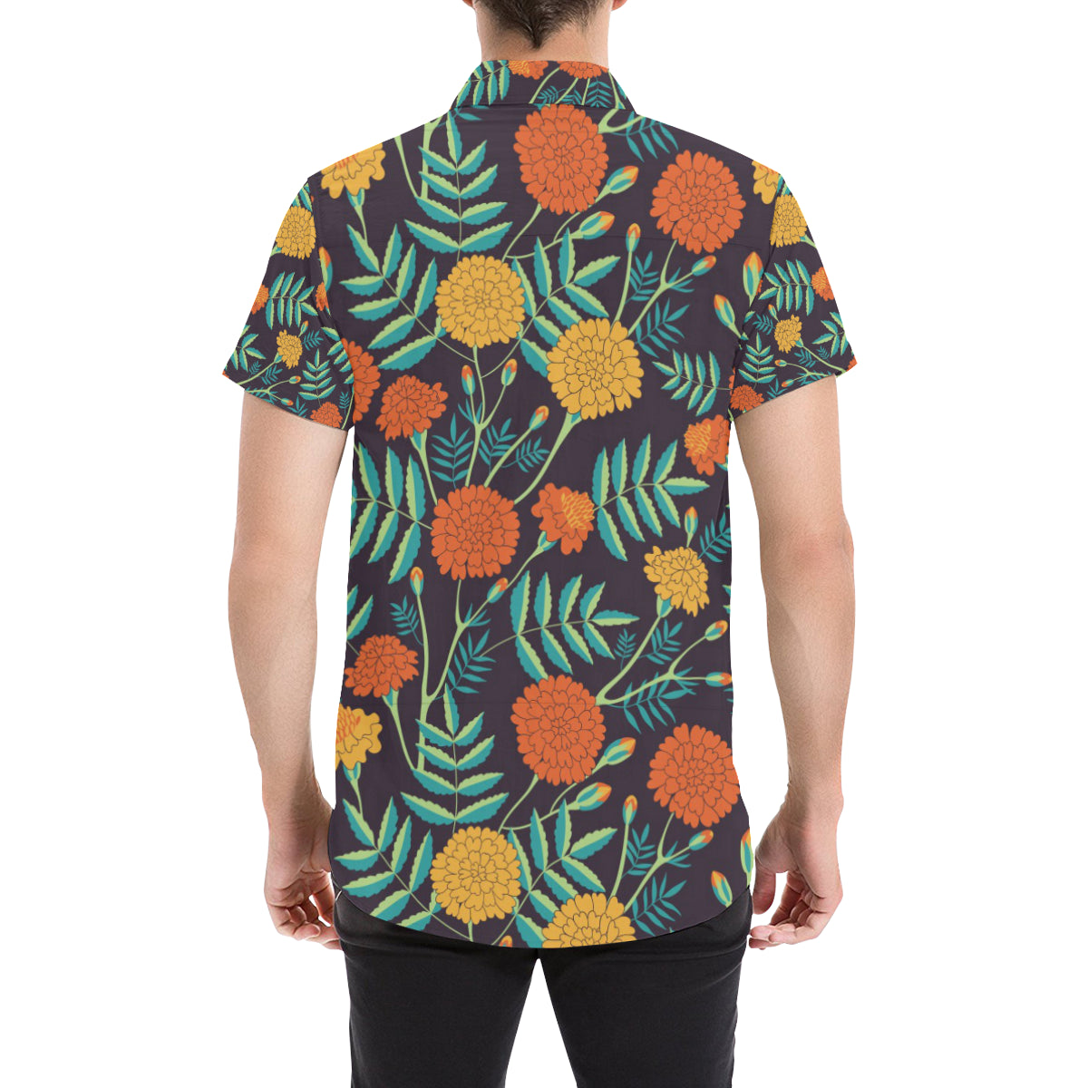 Marigold Pattern Print Design MR01 Men's Short Sleeve Button Up Shirt