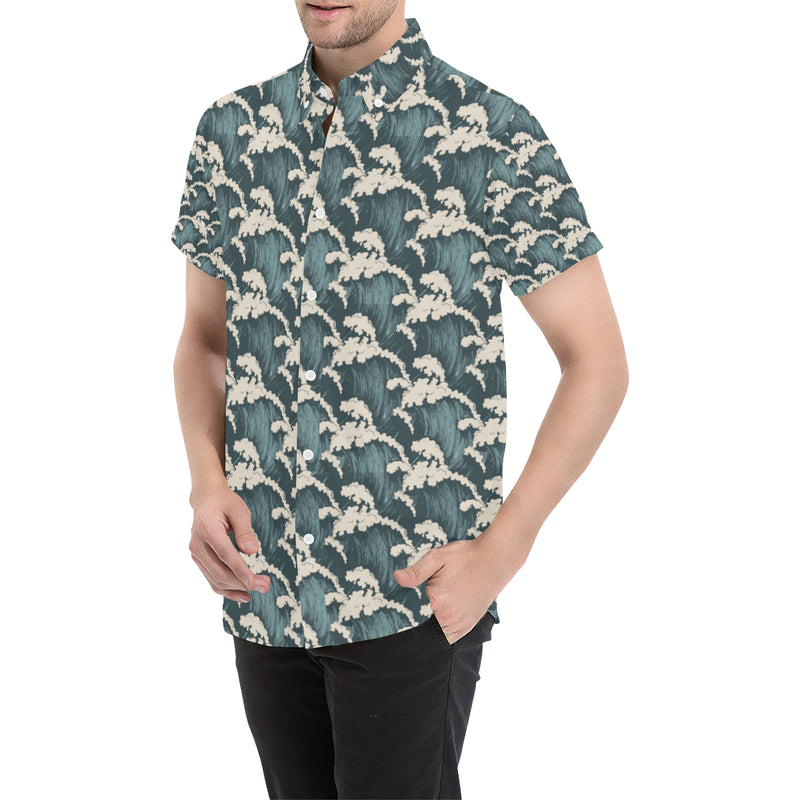 Wave Art Print Men's Short Sleeve Button Up Shirt