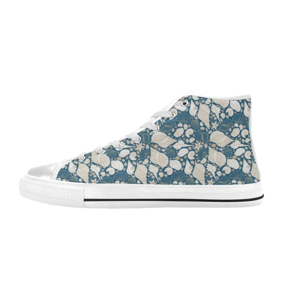 Seashell Print Design LKS308 High Top Women's White Shoes