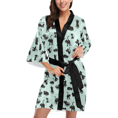 Black Cat Pattern Print Design 04 Women's Short Kimono