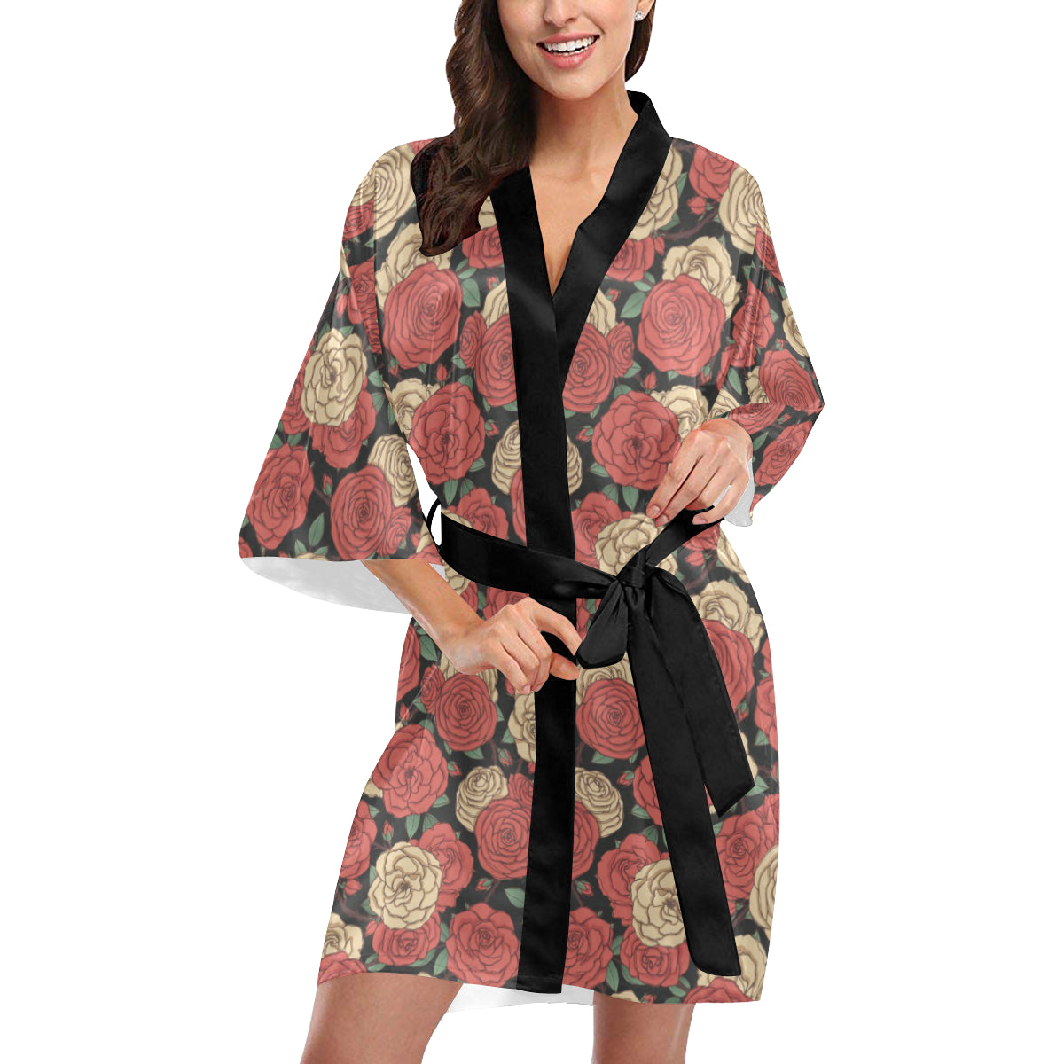Camellia Pattern Print Design CM01 Women's Short Kimono