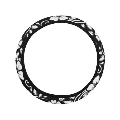 Floral Black White Themed Print Steering Wheel Cover with Elastic Edge