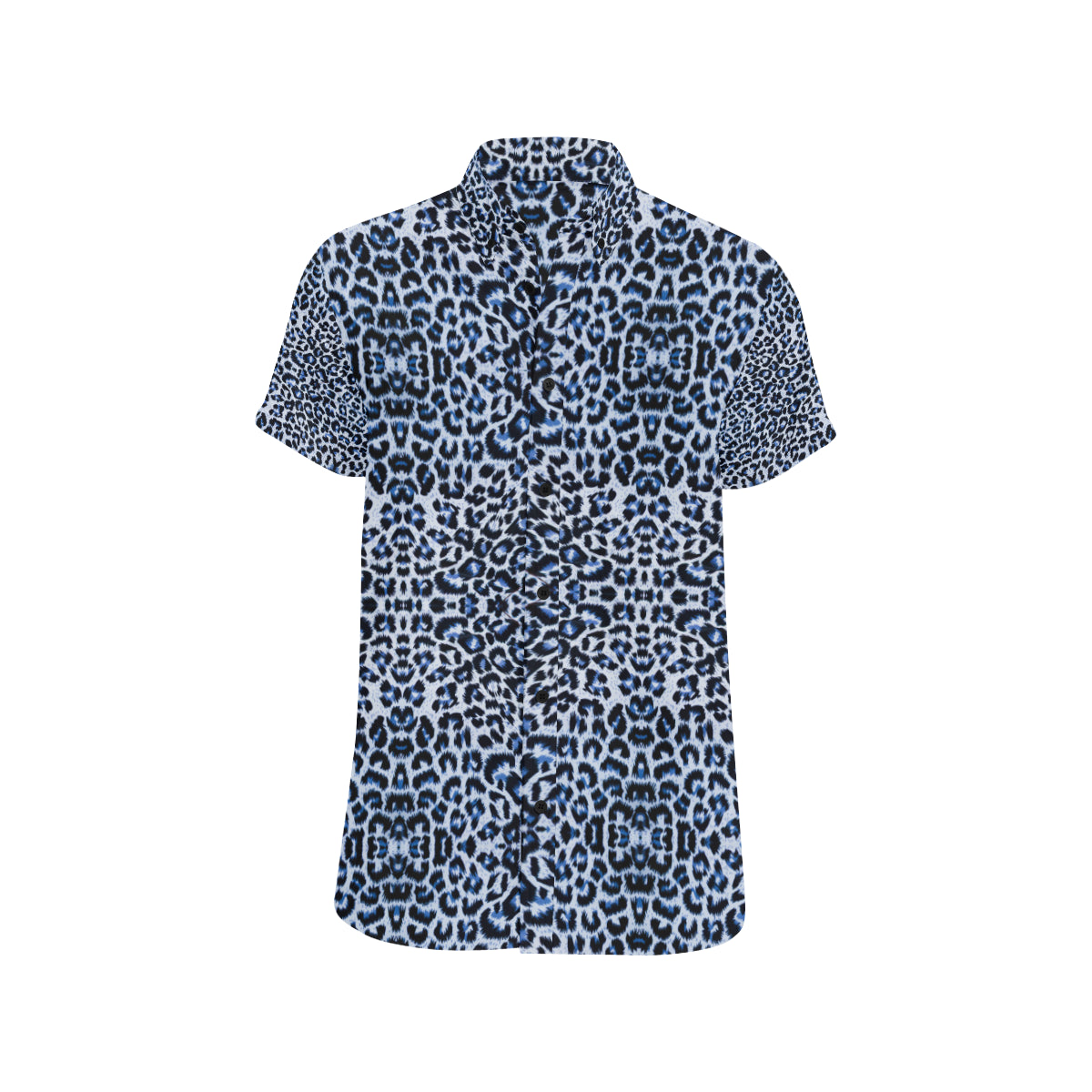 Leopard Blue Skin Print Men's Short Sleeve Button Up Shirt