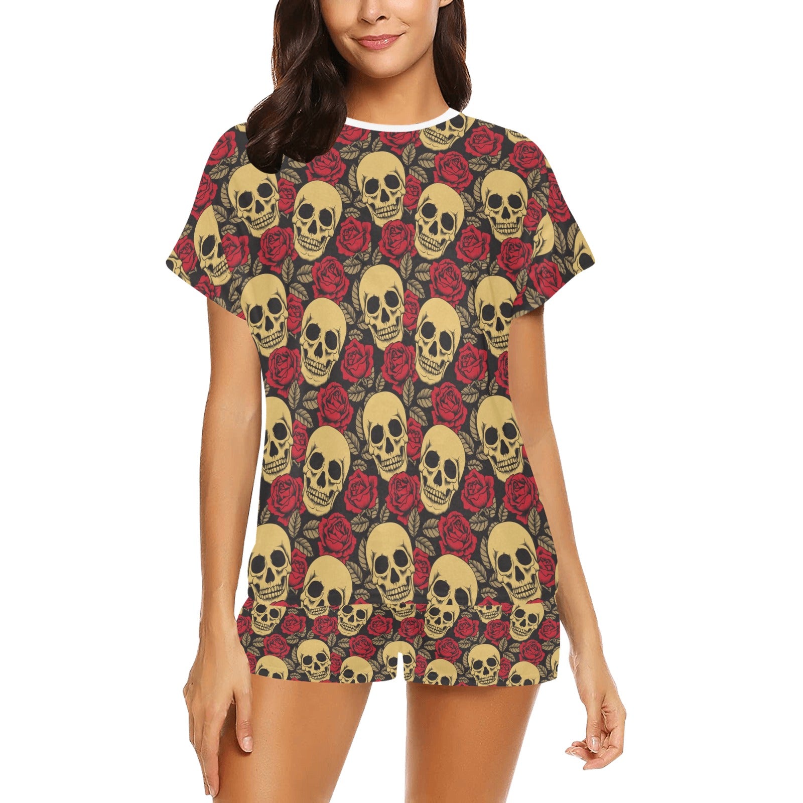 Skull And Roses Print Design LKS302 Women's Short Pajama Set