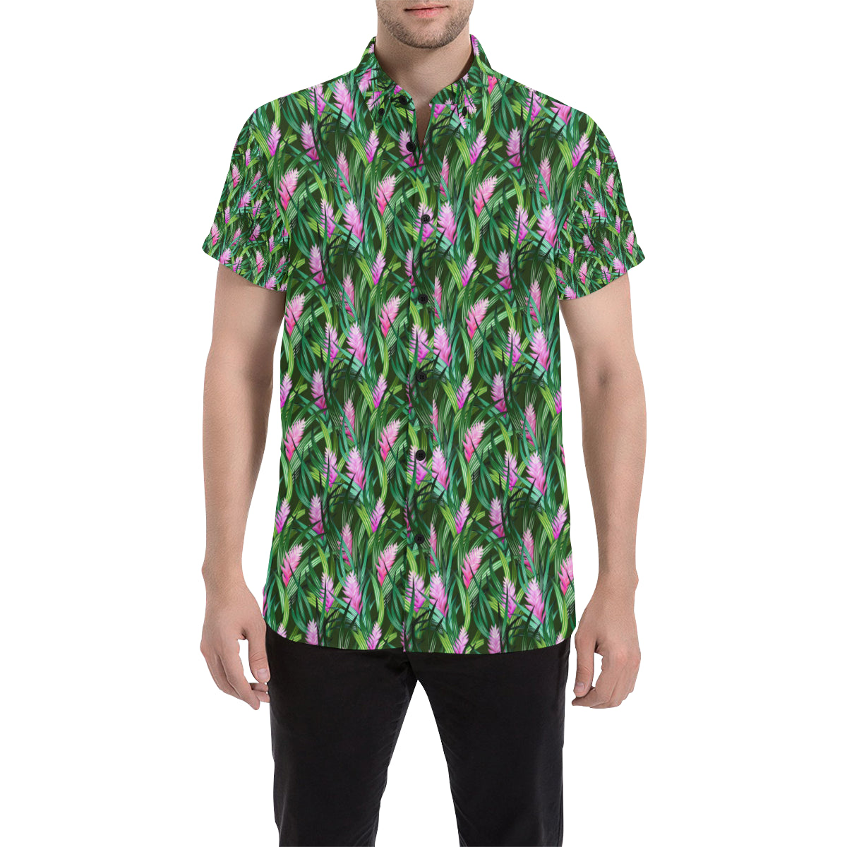 Tropical Folower Pink Heliconia Print Men's Short Sleeve Button Up Shirt