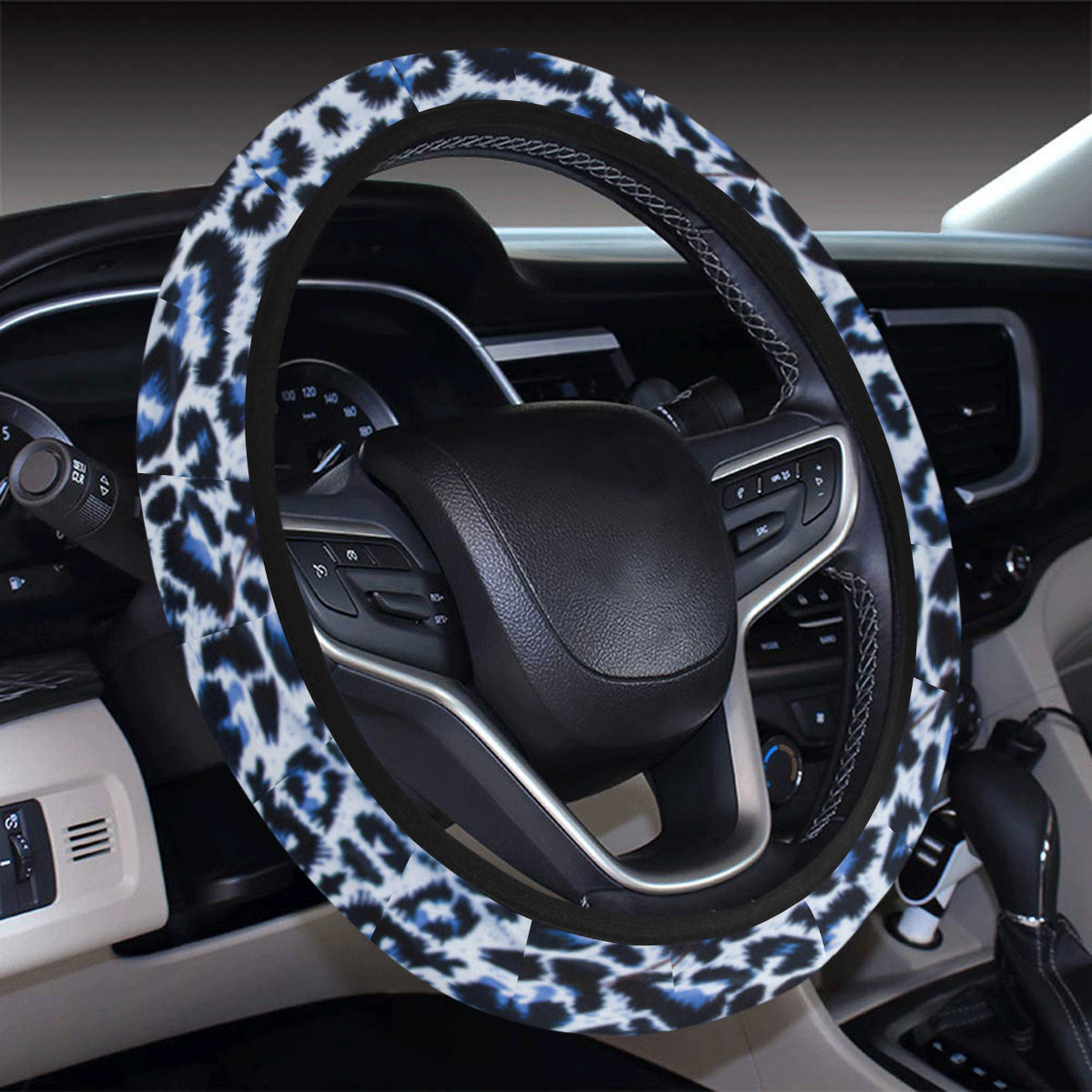 Leopard Blue Skin Print Steering Wheel Cover with Elastic Edge