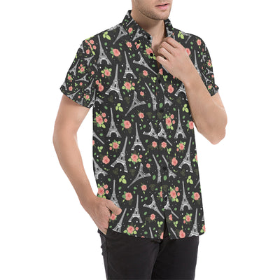 Eiffel Tower Rose Print Men's Short Sleeve Button Up Shirt