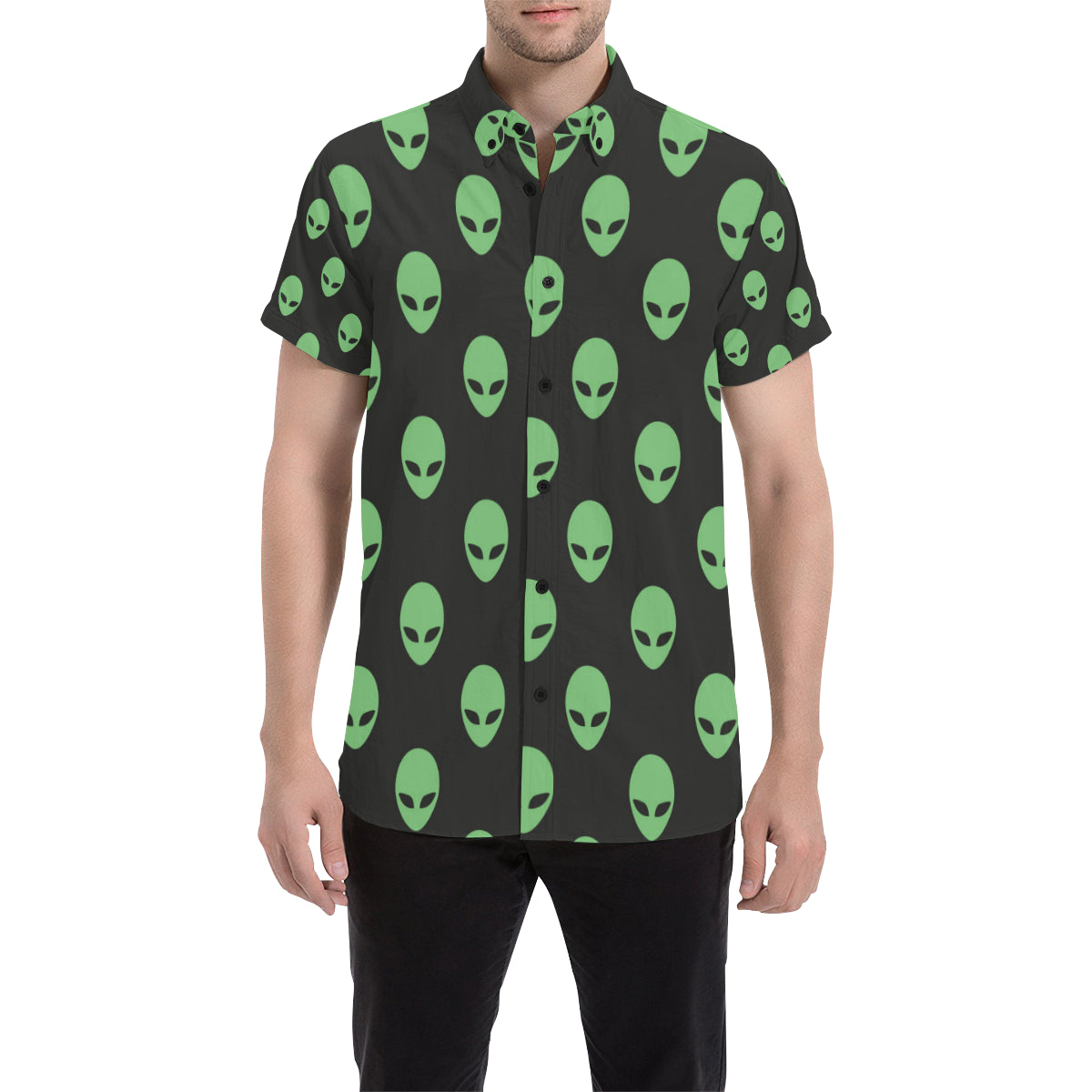 Alien Green Neon Pattern Print Design 01 Men's Short Sleeve Button Up Shirt