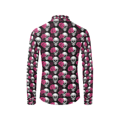 Pink Rose Skull Themed Print Men's Long Sleeve Shirt