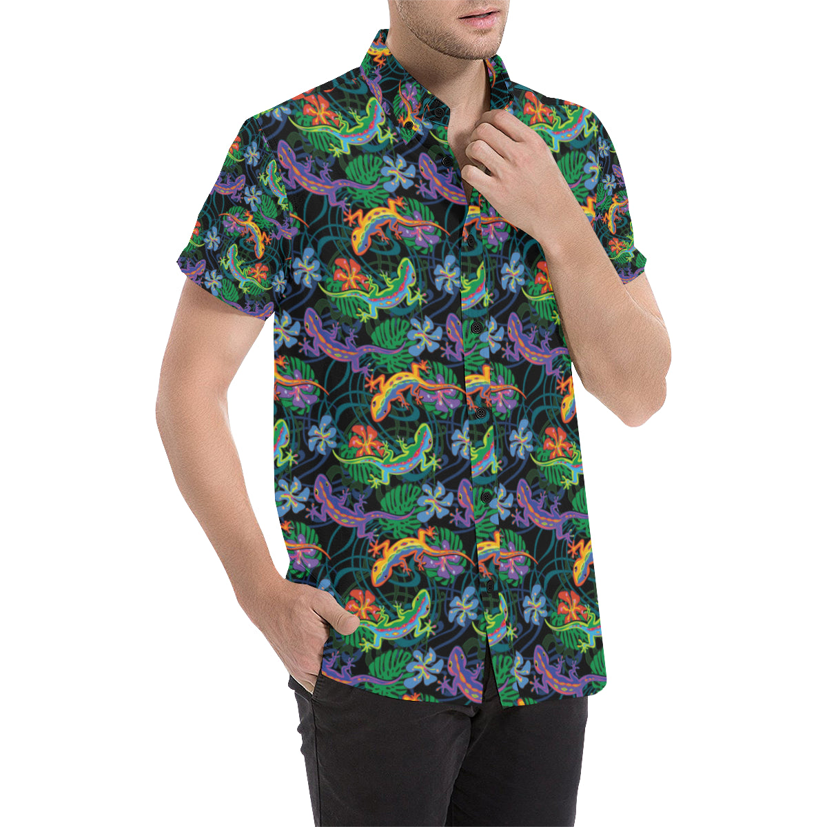 Gecko Colorful Pattern Print Design 01 Men's Short Sleeve Button Up Shirt