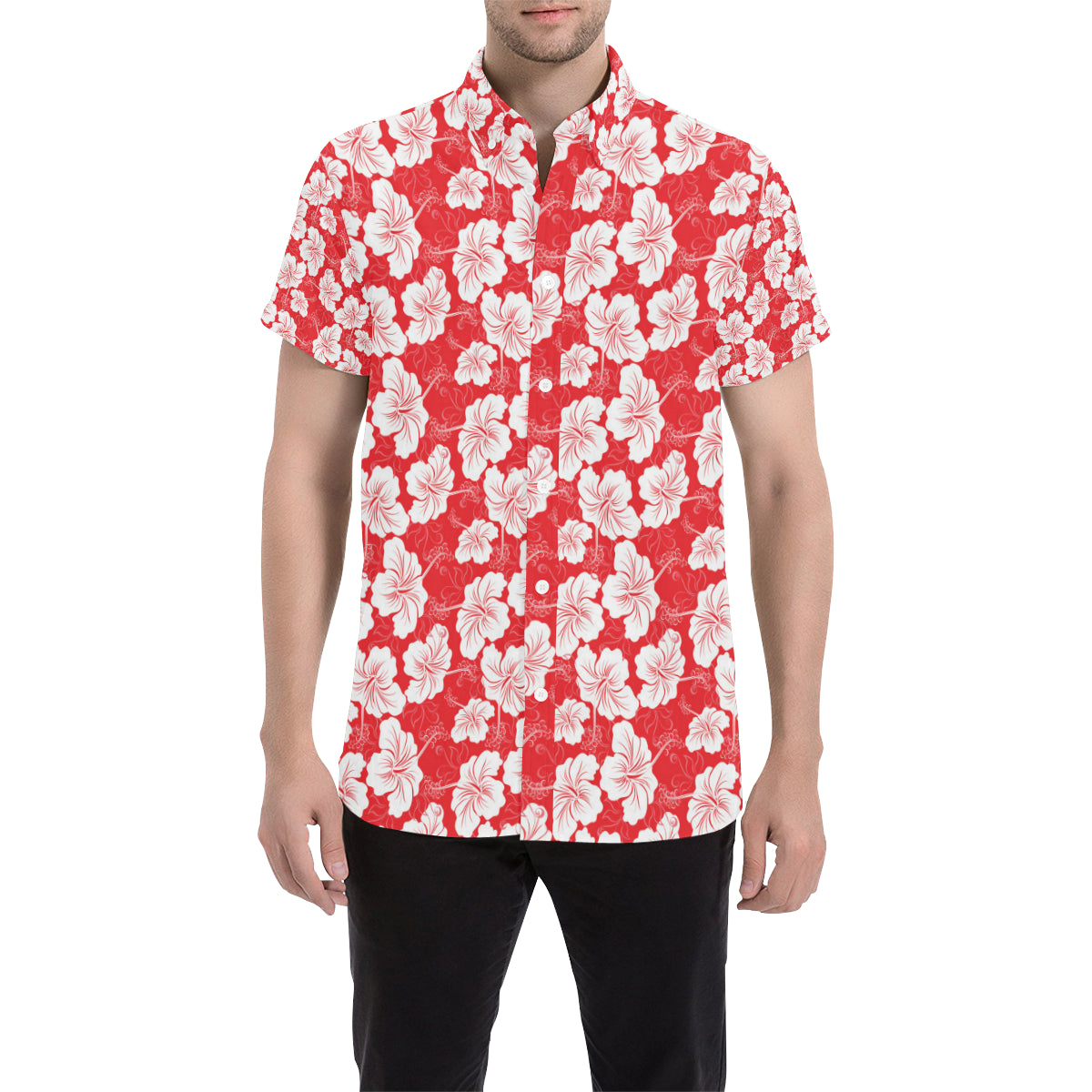 Flower Hawaiian Hibiscus Red Background Print Men's Short Sleeve Button Up Shirt