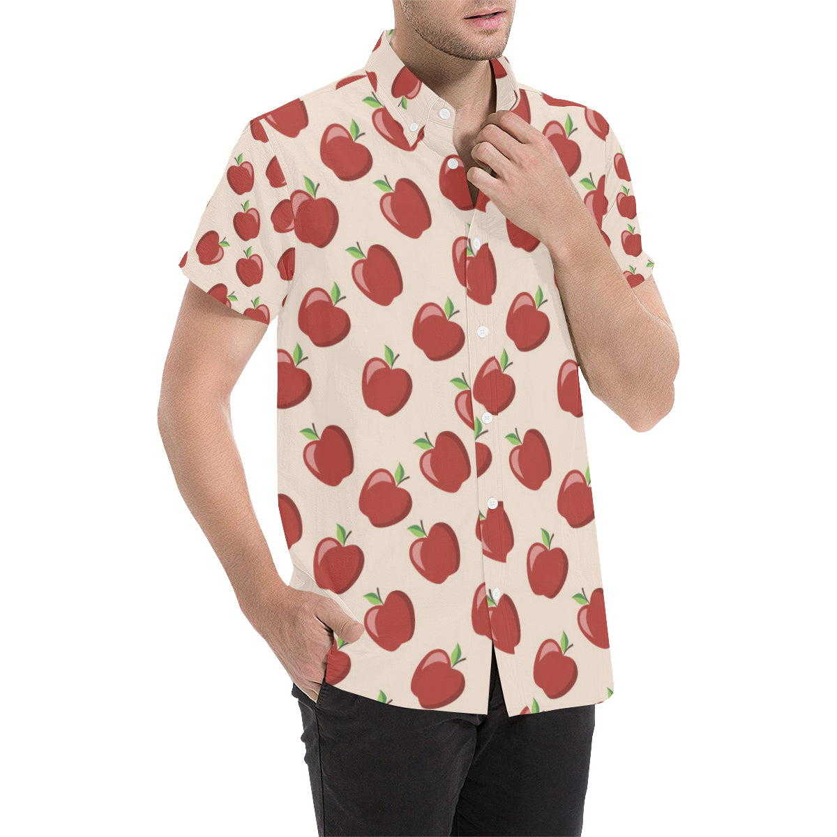 Apple Pattern Print Design AP01 Men's Short Sleeve Button Up Shirt